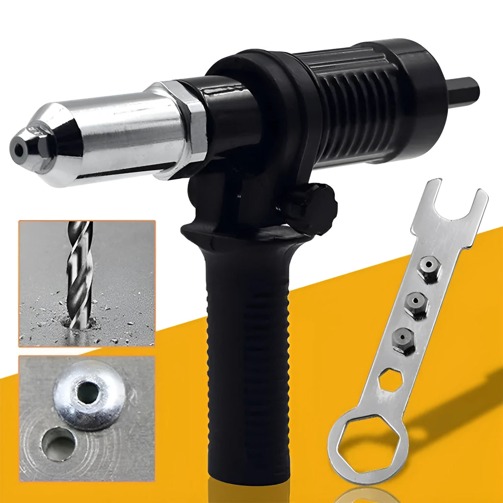Black metal electric drill rivet gun tool with three-jaw chuck measuring 173mm long