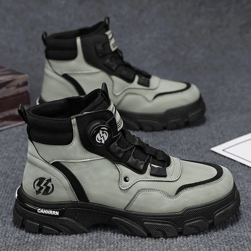 Men's non-slip thick bottom high-top casual shoes in black with artificial PU upper and low heel