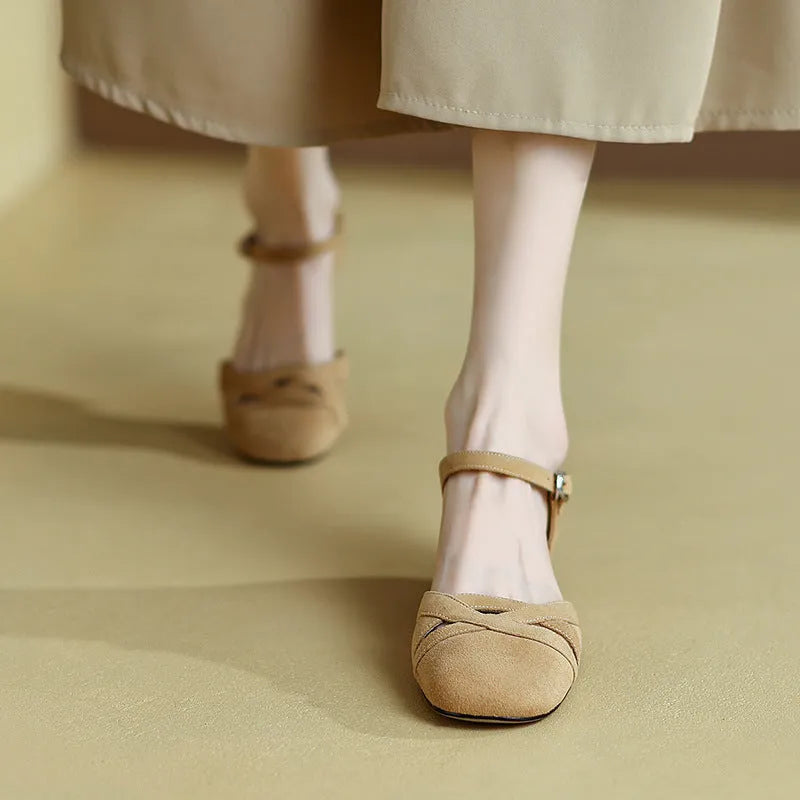 Women's classic Roman sandals with buckle fastening in apricot colour showing round toe design