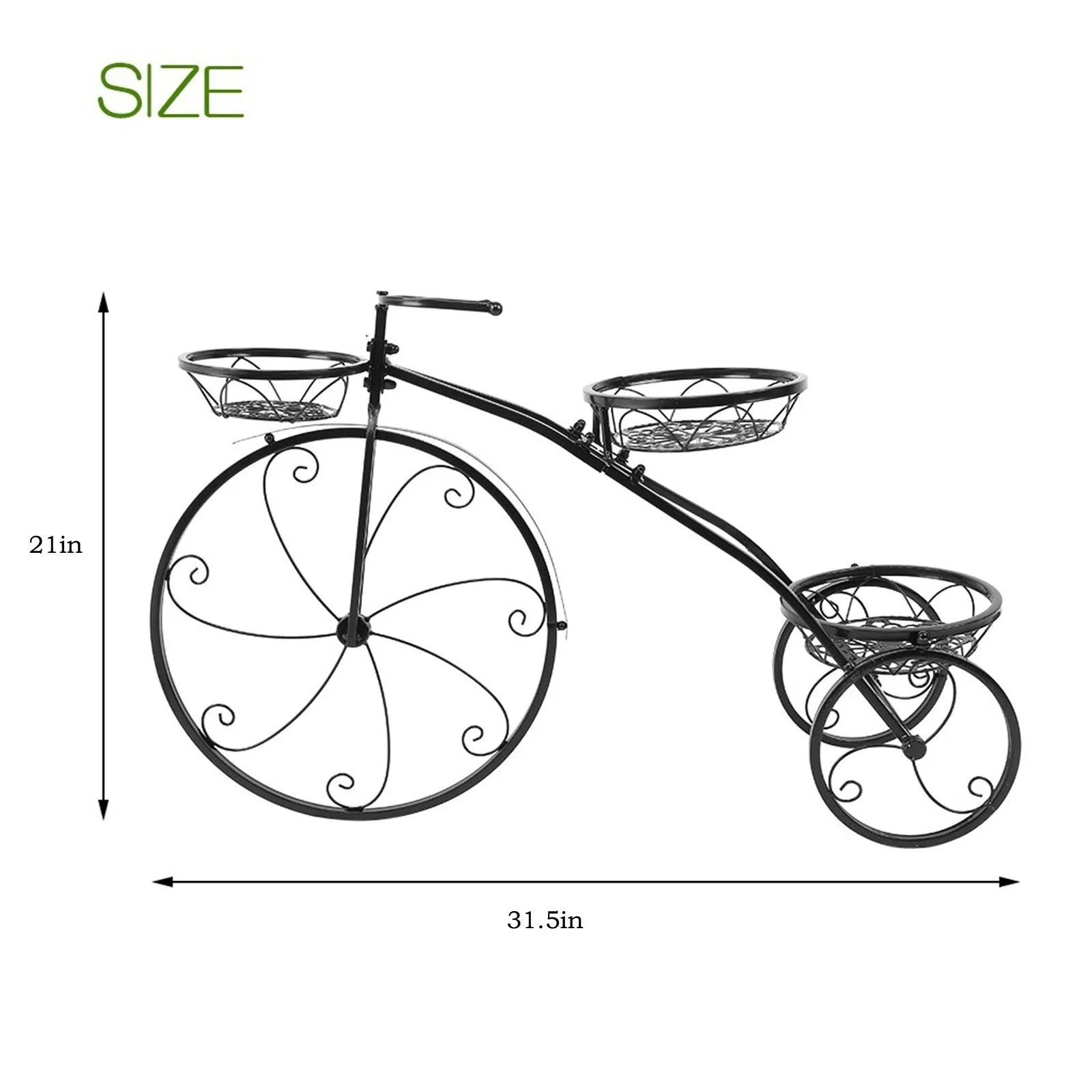 Black wrought iron tricycle plant stand with three round baskets holding small potted plants on a patio