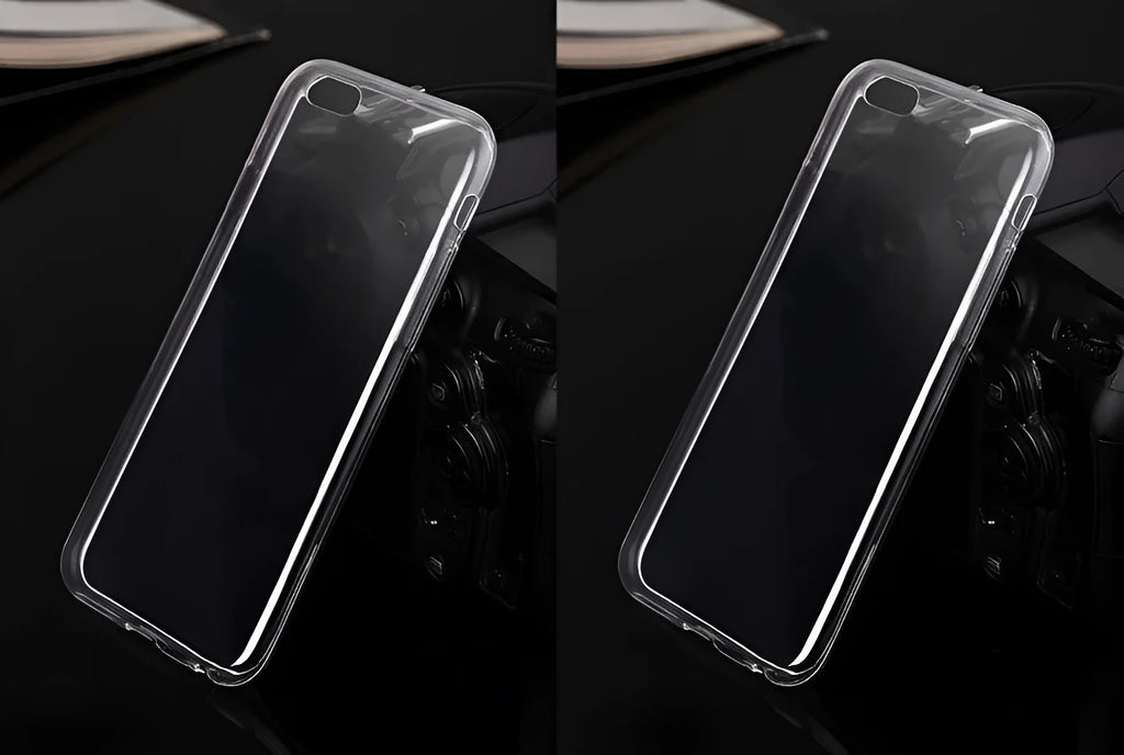 Transparent TPU soft shell mobile phone case for iPhone models on a white background.