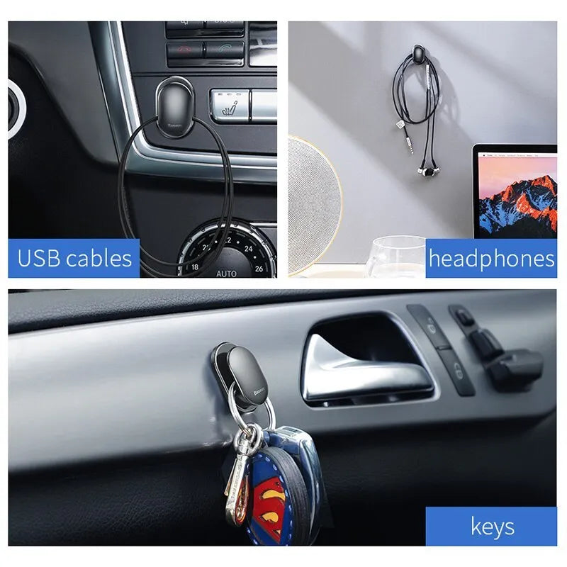 Black mini car hook made of PC and ABS with 3M adhesive, suitable for vehicle and home use.