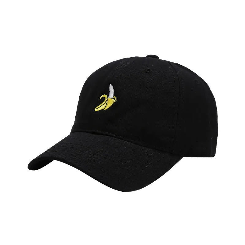 Curved dome crown baseball cap with embroidered banana fruit design in multiple colours