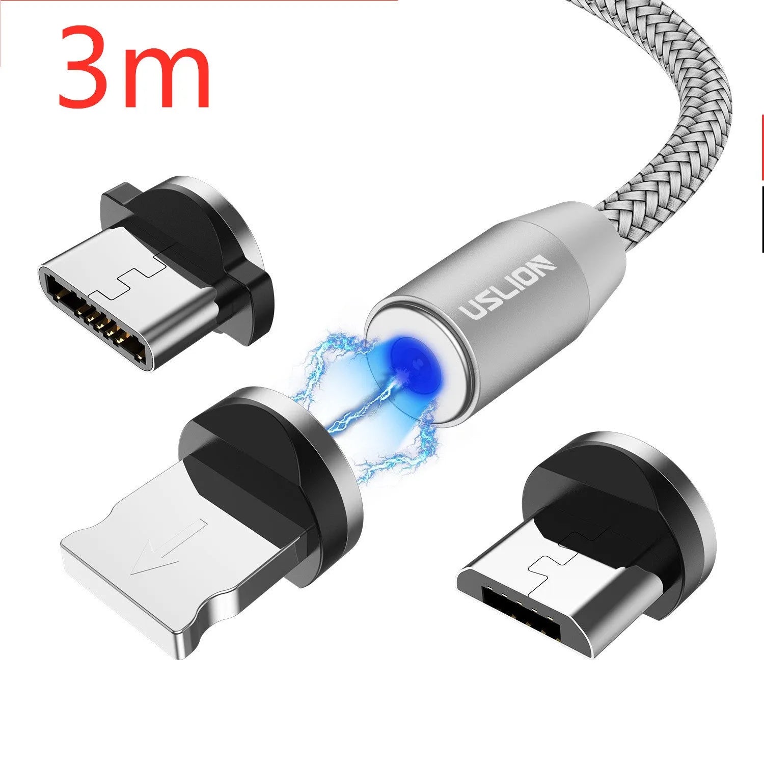 USLION circular magnetic charging cable in black, showing magnetic connector and plug for Android, iOS, or Type-C device.