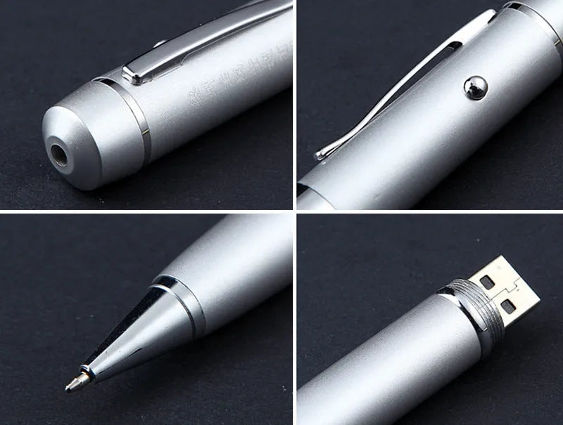 Black multi-function USB pen with metal shell and laser pointer on a white background