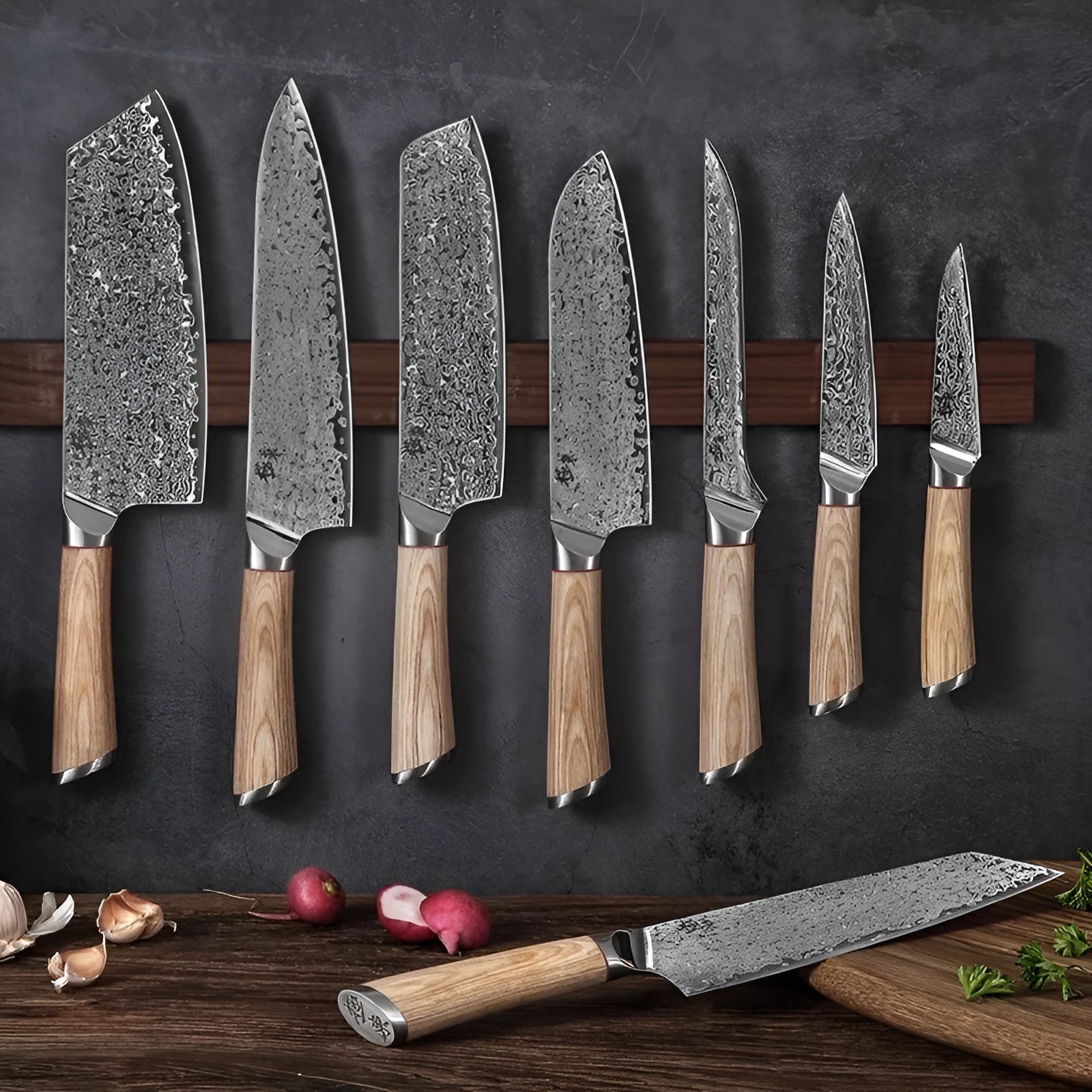 12-piece Damascus steel kitchen knife set with various blade types on a wooden block.