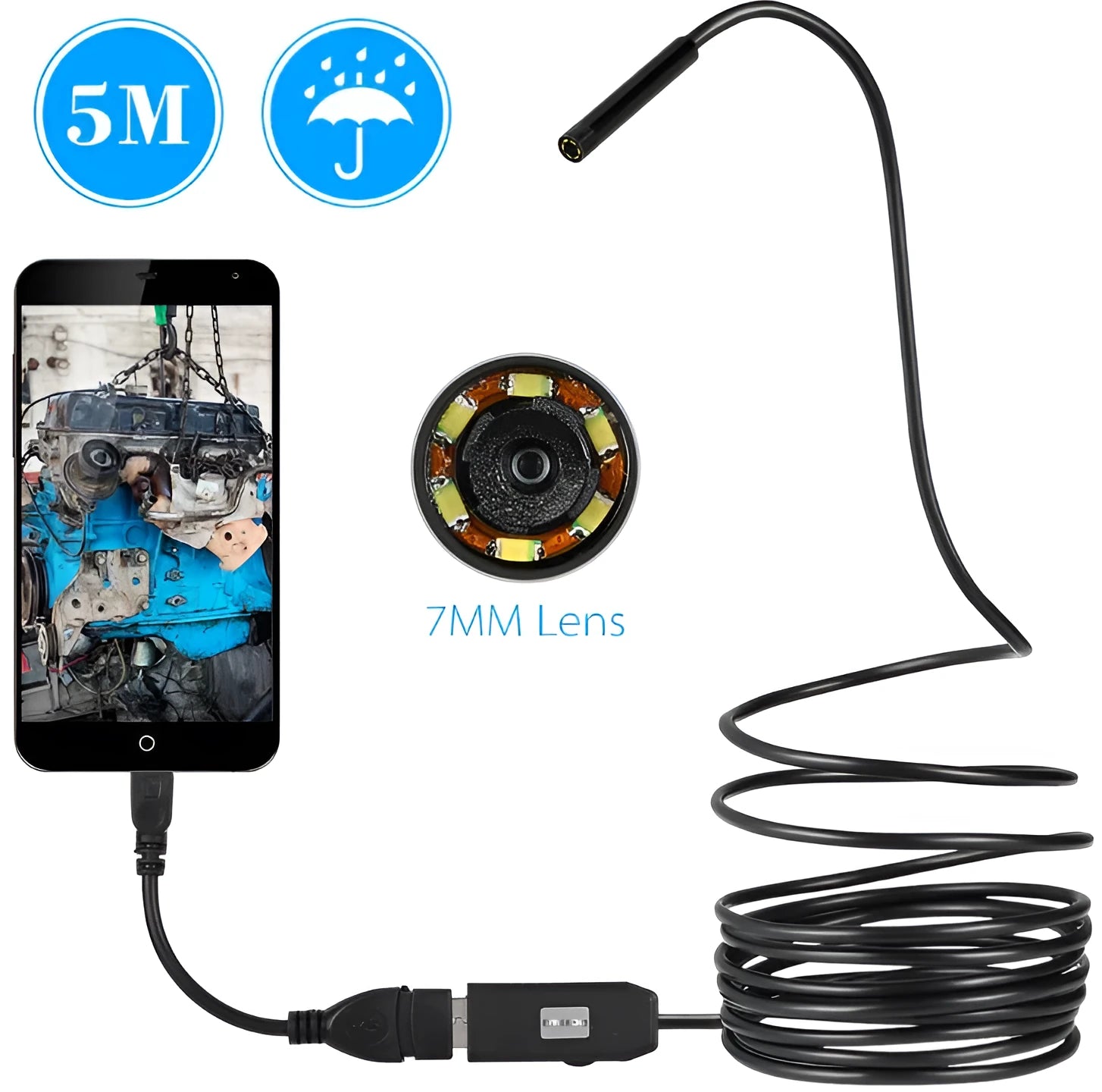 OWSOO USB endoscope camera with 5m cable, 6 LED lights, hook, magnet and side mirror for inspections