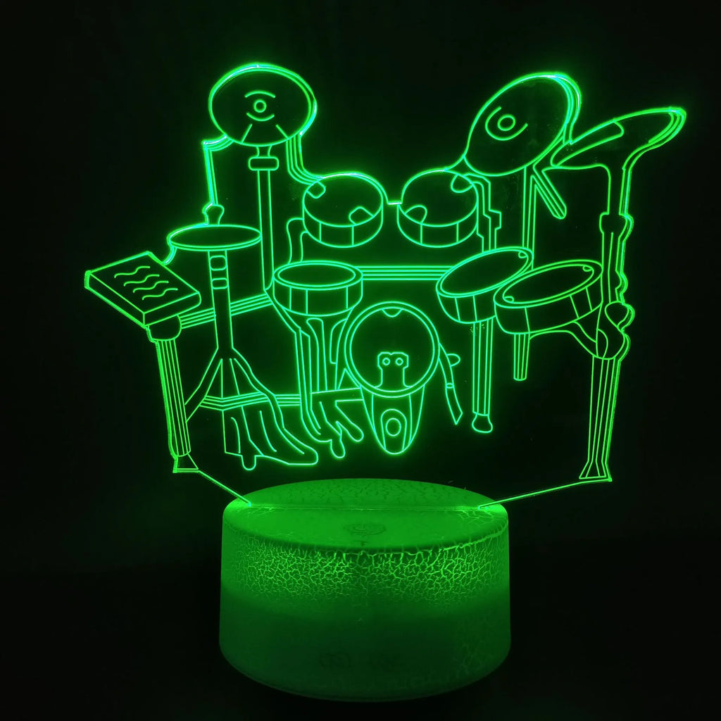 3D acrylic drum kit night light glowing in blue on a black ABS base with remote control.