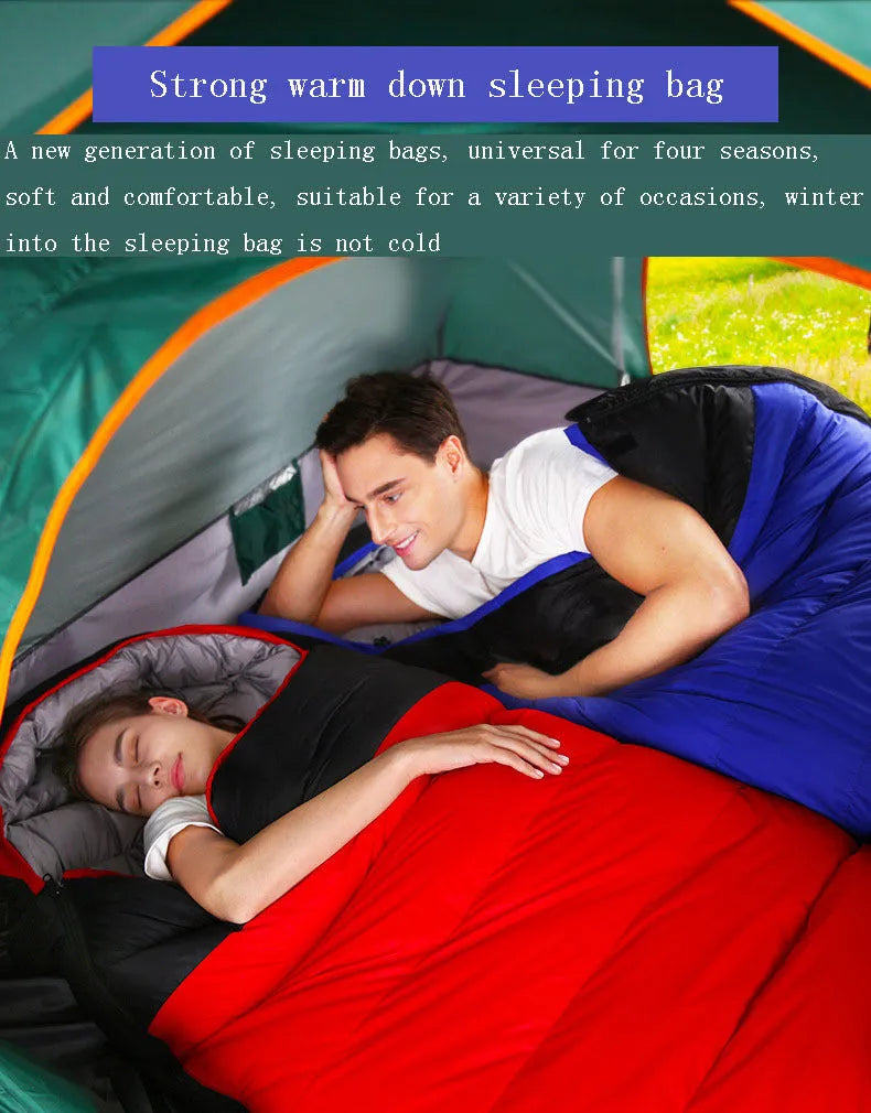Down sleeping bag envelope style in blue with cotton lining and Chun Yafang fabric, 800g fill weight option