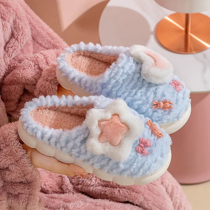Women's light blue cartoon animal pattern fleece-lined slippers with round toe and PVC sole