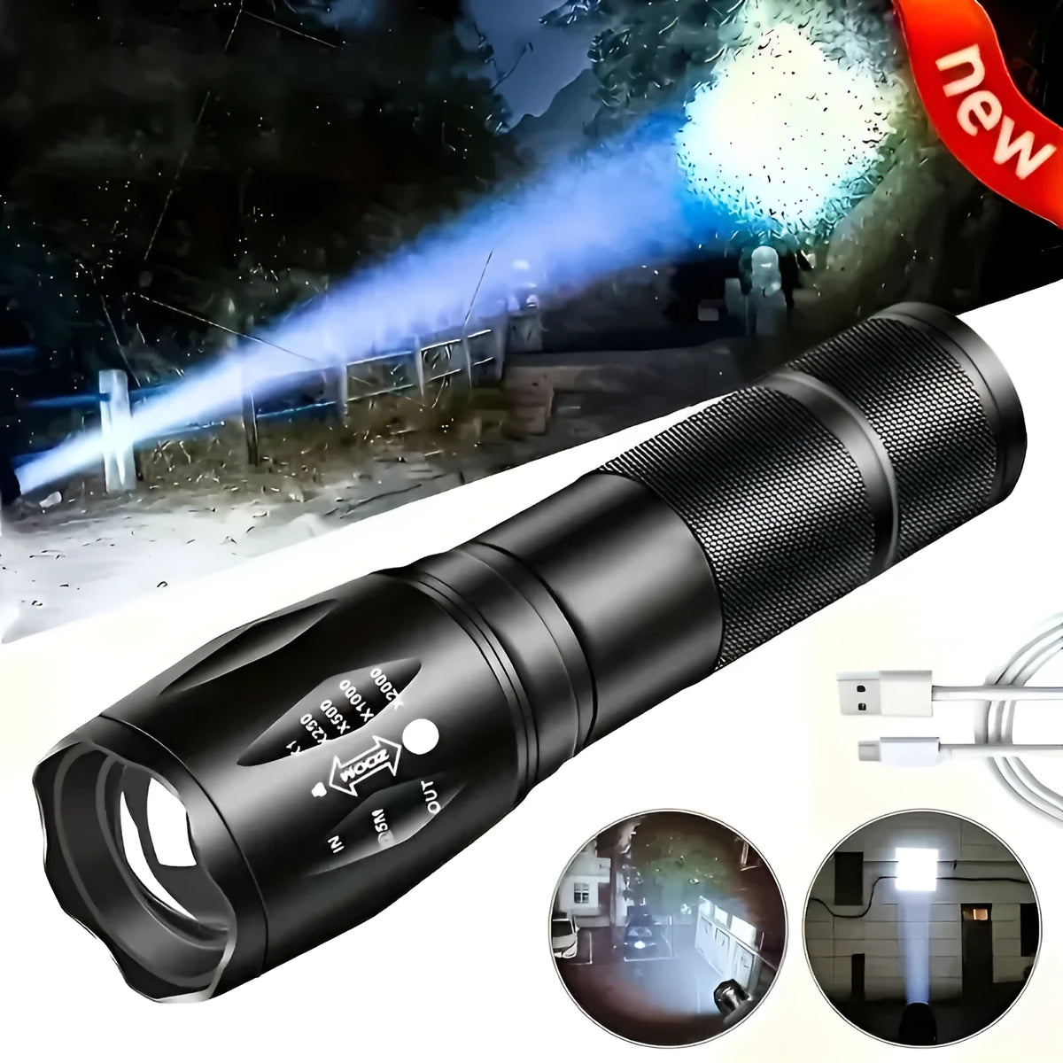 High power LED tactical flashlight black aluminium alloy zoomable 5-mode waterproof portable torch