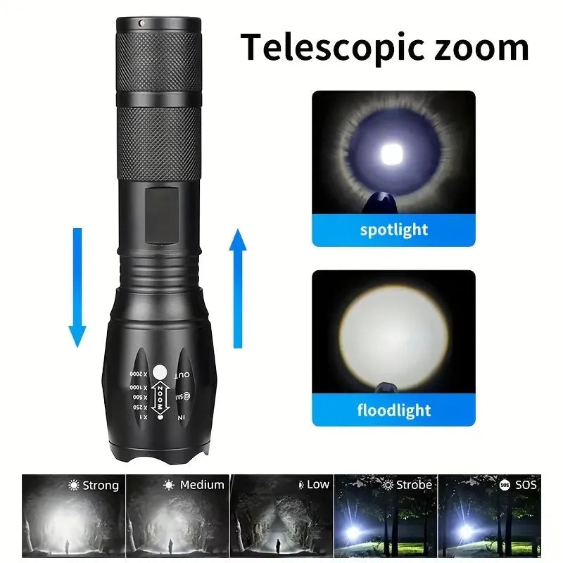 High power LED tactical flashlight black aluminium alloy zoomable 5-mode waterproof portable torch