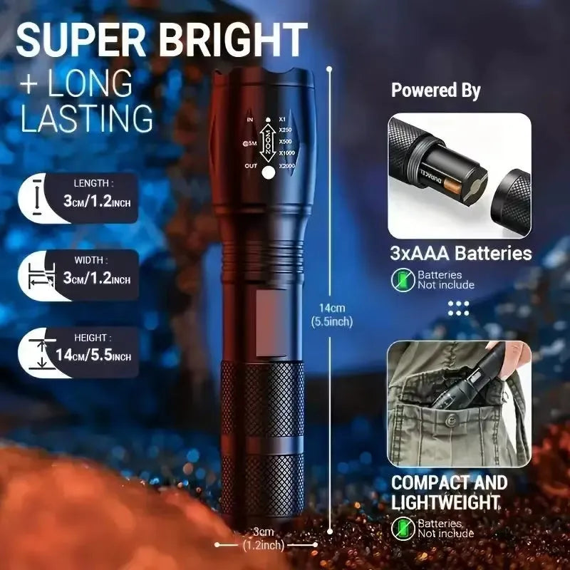 High power LED tactical flashlight black aluminium alloy zoomable 5-mode waterproof portable torch