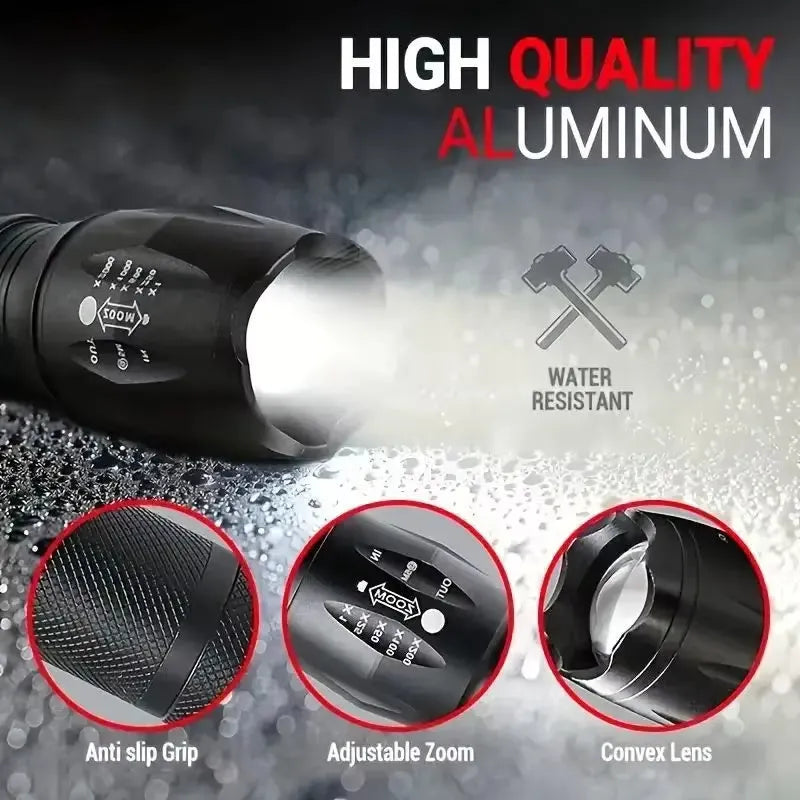 High power LED tactical flashlight black aluminium alloy zoomable 5-mode waterproof portable torch