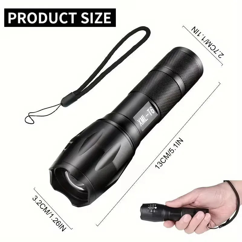 High power LED tactical flashlight black aluminium alloy zoomable 5-mode waterproof portable torch
