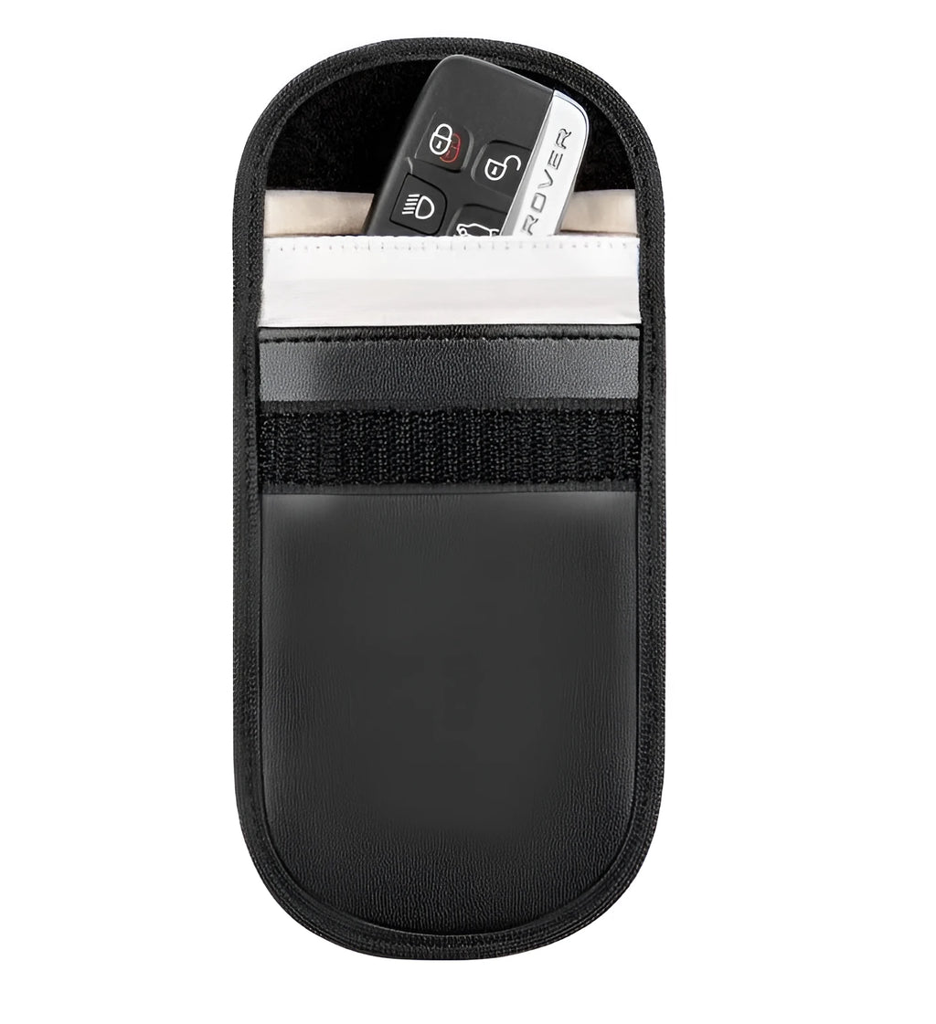 Black microfibre car key signal blocker bag with Faraday cage, 13.5x9.5cm, for key fobs and smartphones