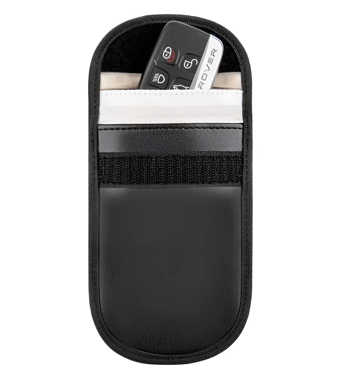 Black microfibre car key signal blocker bag with Faraday cage, 13.5x9.5cm, for key fobs and smartphones