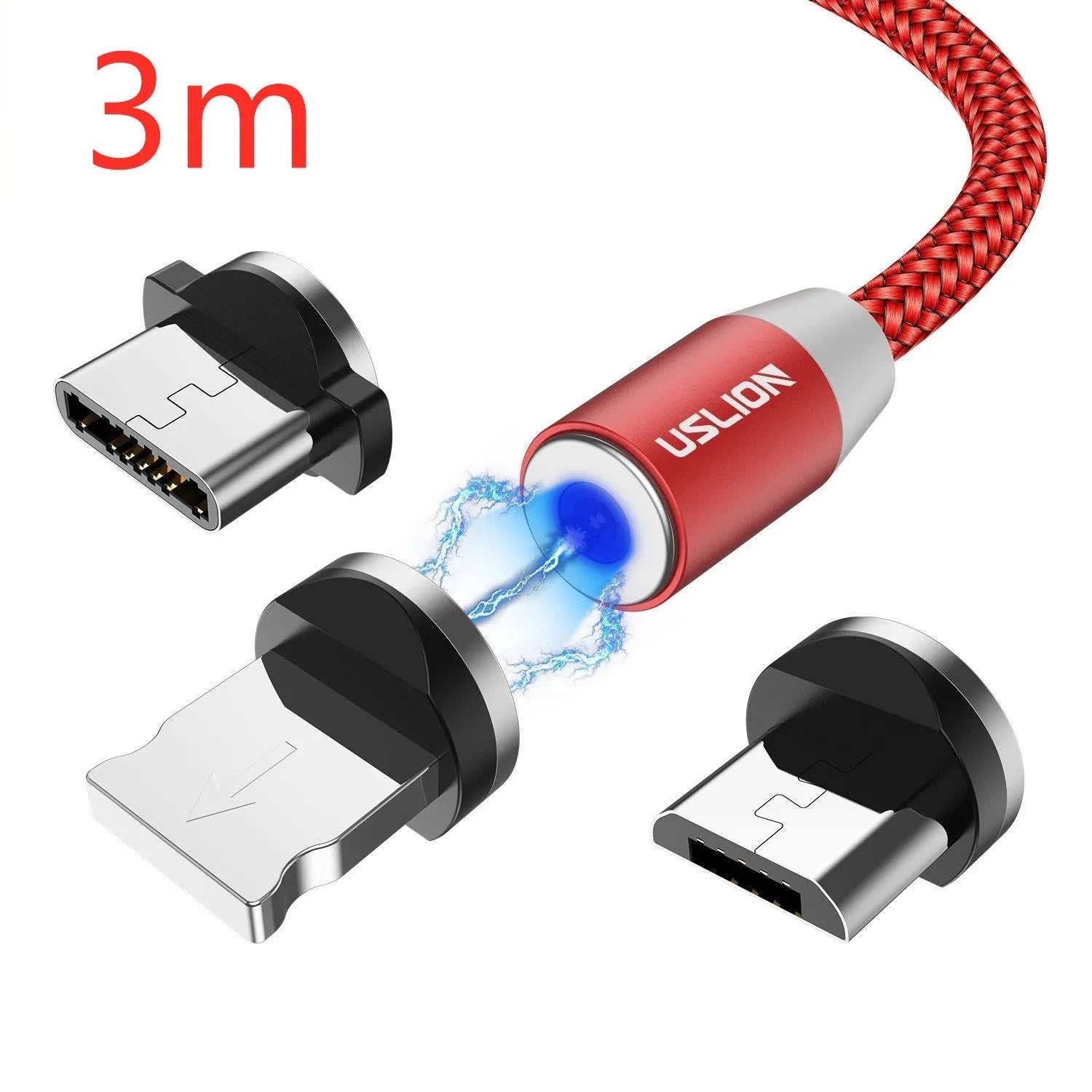 USLION circular magnetic charging cable in black, showing magnetic connector and plug for Android, iOS, or Type-C device.