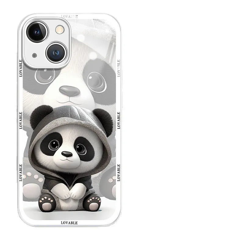 Glass liquid silicone shockproof phone case for iPhone with panda design, black shell, full coverage