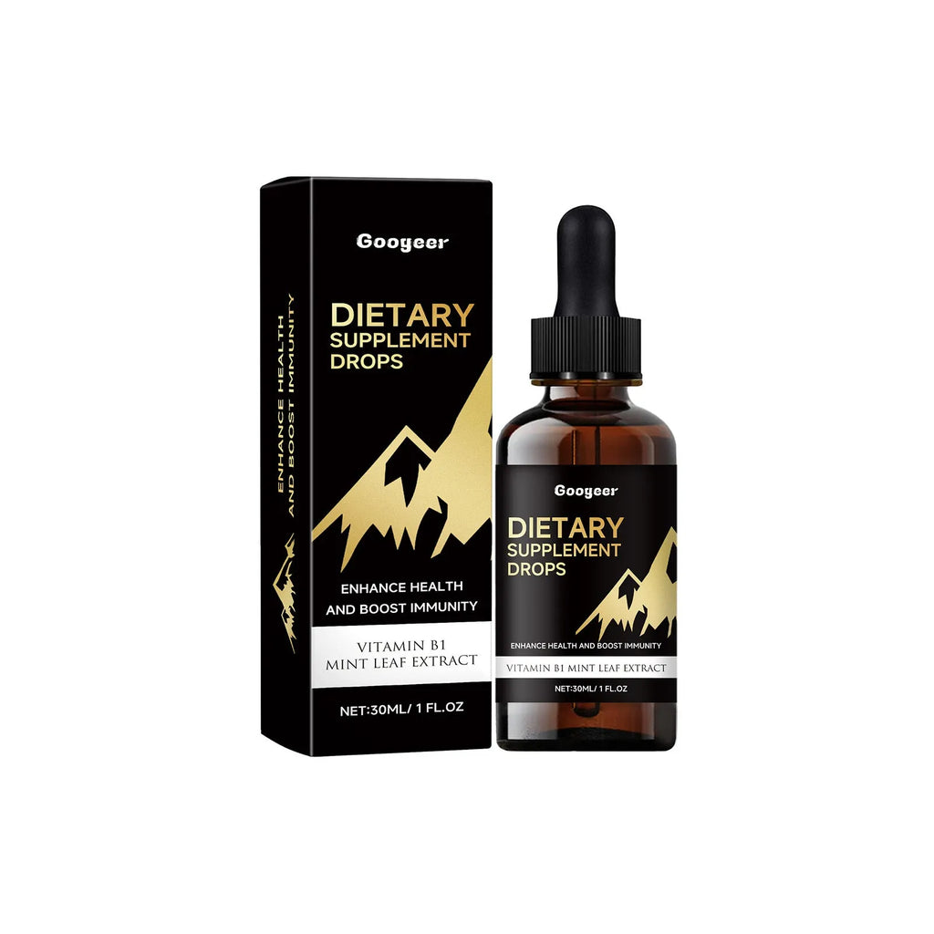 30 ml bottle of clear liquid multivitamin drops with a plastic dropper on a white background.