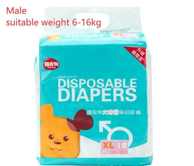 Disposable dog diapers 10 pack per bag with adjustable hook-and-loop waist, sizes S M L XL, for female and male dogs