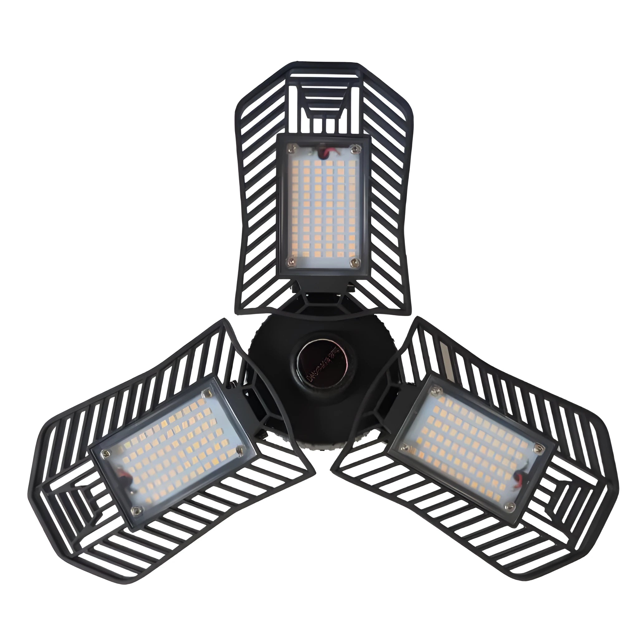 A foldable silver industrial LED garage lamp with a polycarbonate lens, shown in a workshop setting.