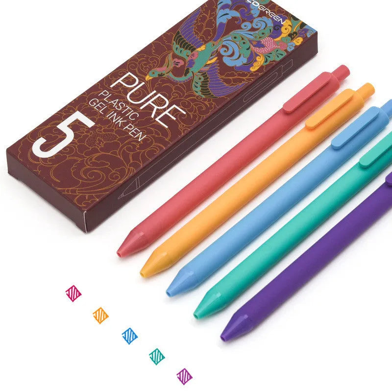 Set of five multi-colour fine point 0.5mm gel pens in a colour box, plastic body with retractable tip