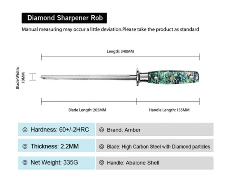 High carbon steel manual knife sharpener with an abalone shell handle.