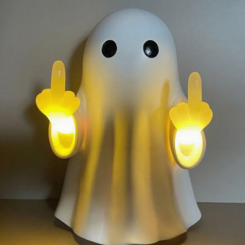 Plastic ghost statue night lamp in white with a modern simple style, 19.85cm tall, on a wooden shelf