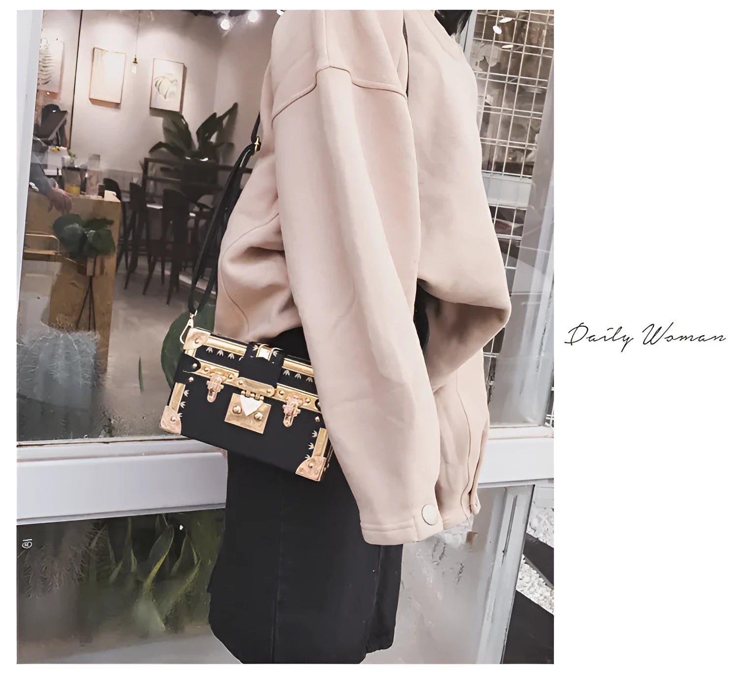 Women's hard-sided black PU leather flap shoulder bag with rivet decoration and hasp closure
