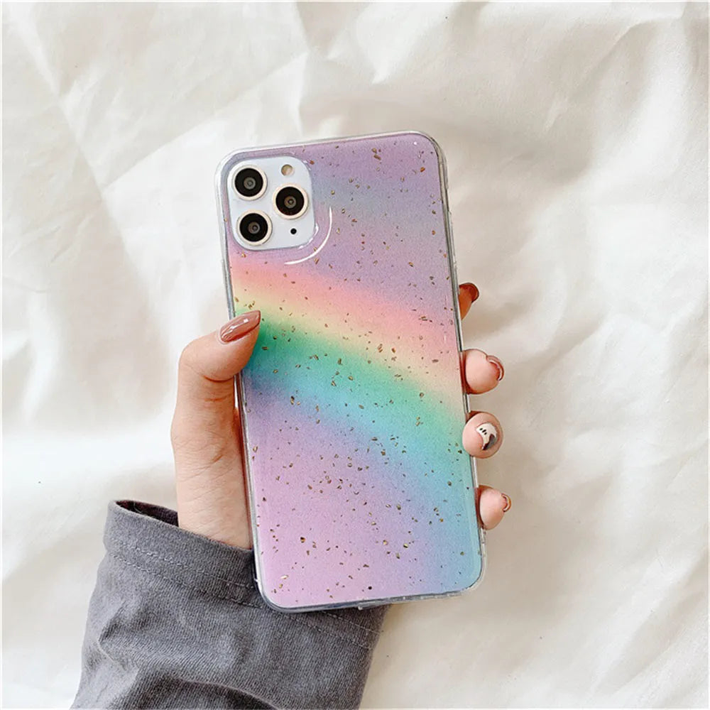 Rainbow gradient TPU phone case with striped design on an iPhone.