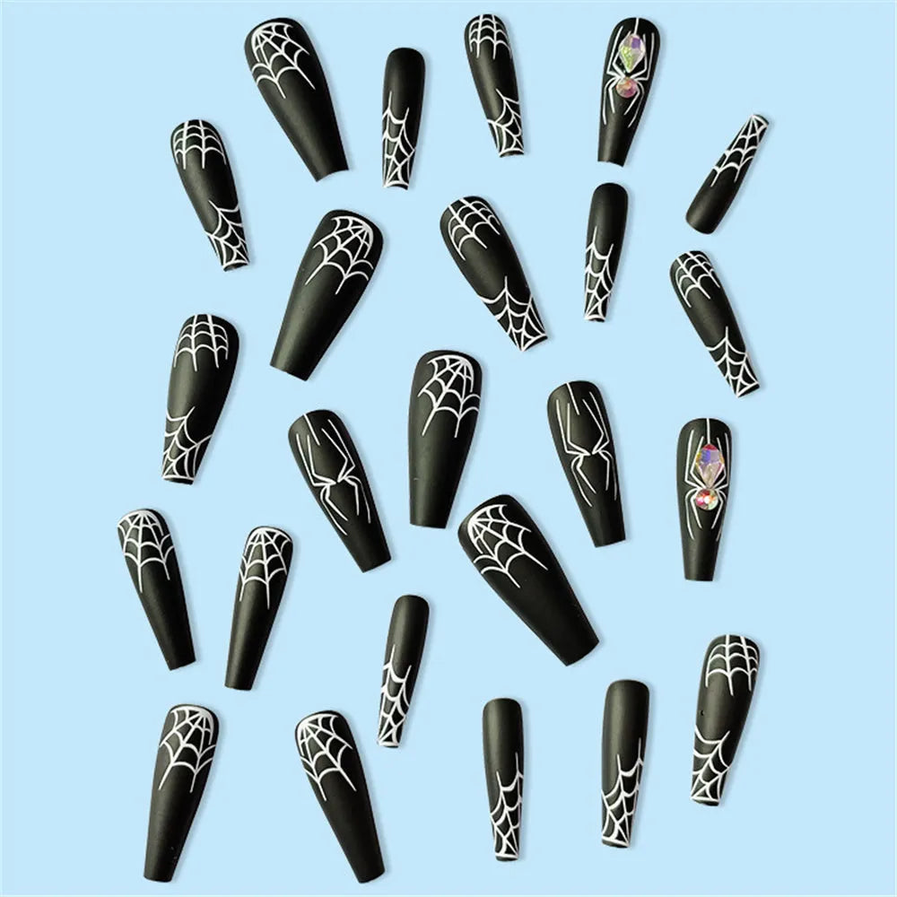 Dark Spider Halloween nail tips 24 pieces with glue, sweet cool long wearable design cartoon pattern