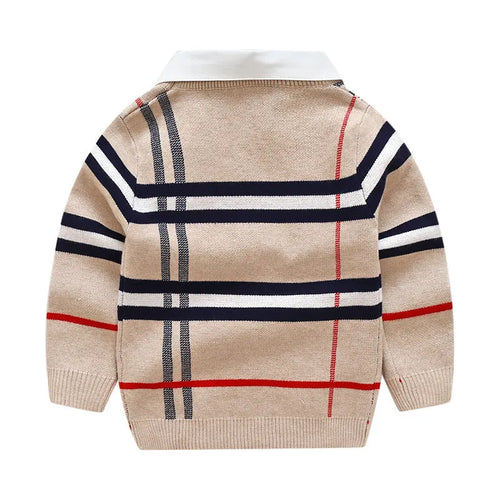 Boys plaid jacquard cotton sweater pullover in apricot with long sleeves, fine wool thickness, soft treatment fabric