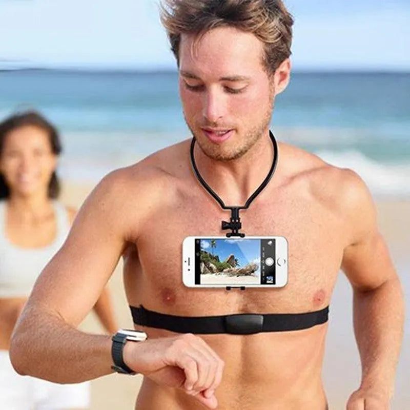 Black and white wearable neck phone holder made of ABS plastic, showing adjustable angle and ring for hands-free use.