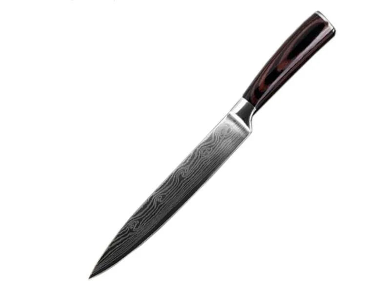 7Cr17 stainless steel kitchen knife with laser Damascus pattern blade and coloured wood handle