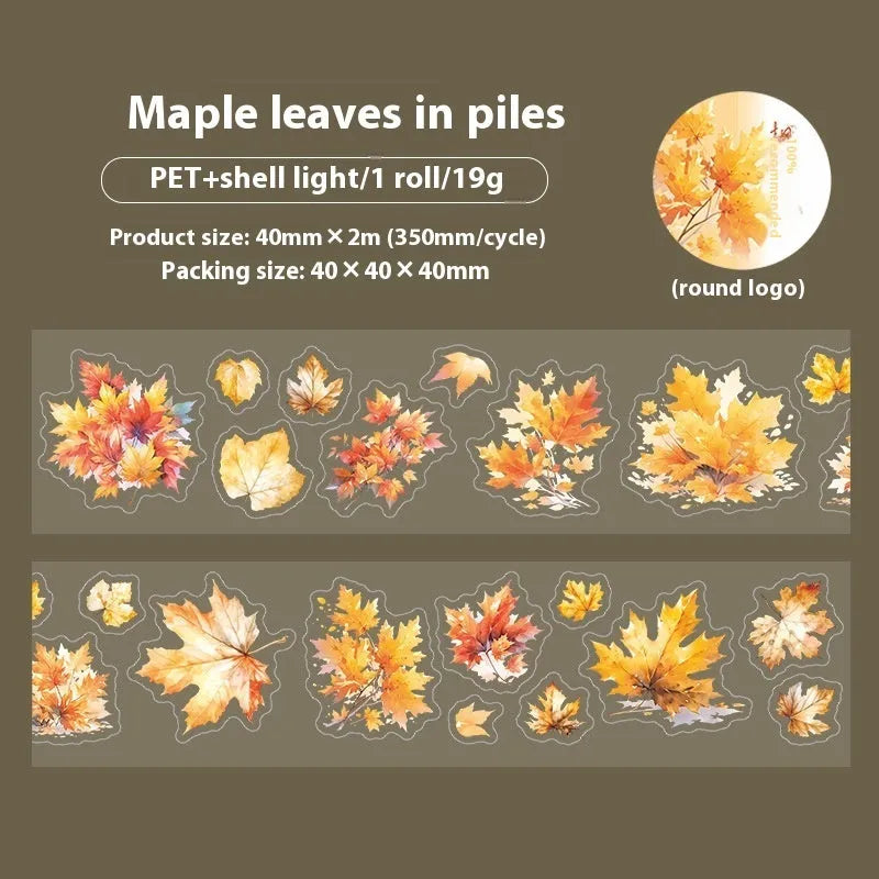 Deciduous Poetry Series PET decorative sticker roll showing autumn leaf patterns in six colours, 40mm wide.