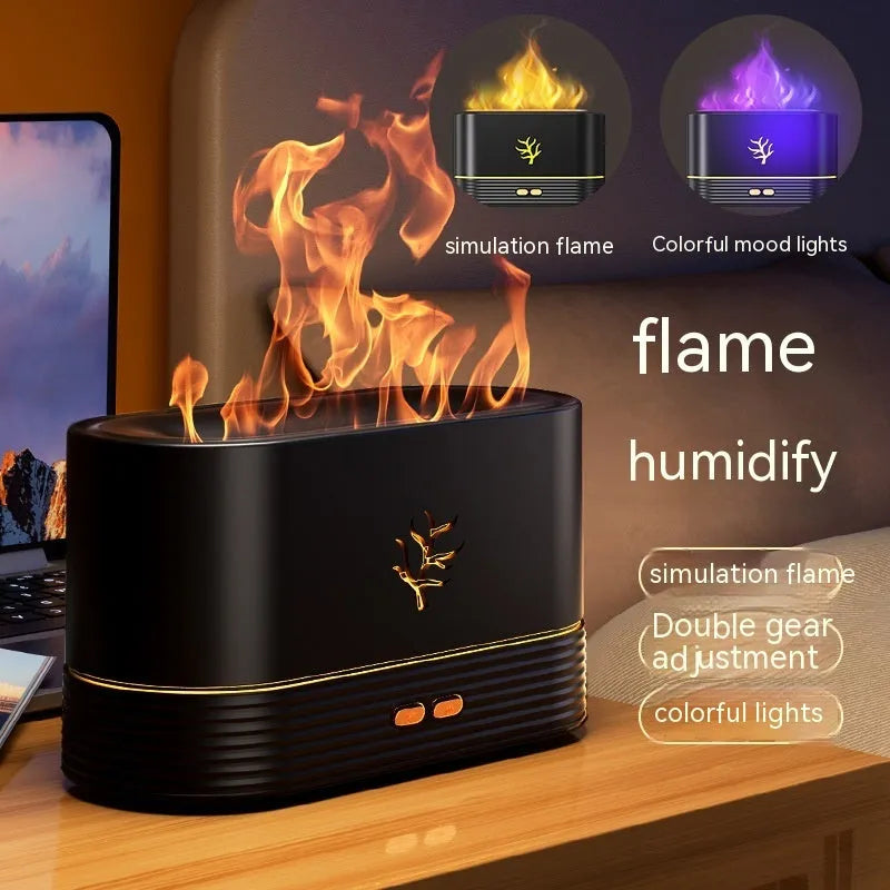 White square flame humidifier with LED fire simulation and USB power cable