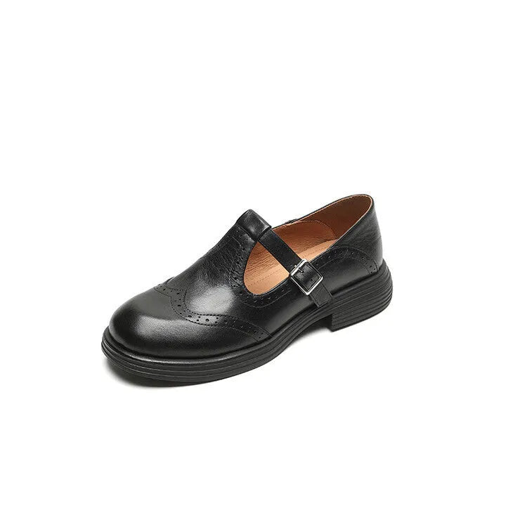Women's black and brown British style flat leather shoes with round toe design