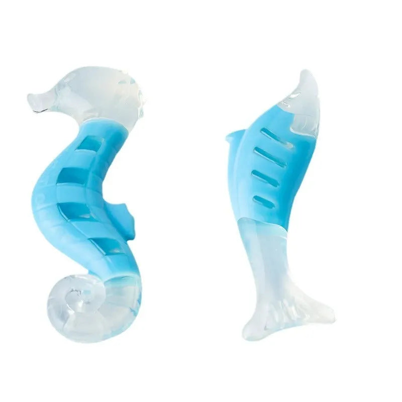 PU nylon dog chew toys showing seahorse and tuna fish designs in two-piece combination set