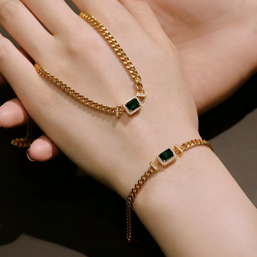 925 silver Cuban link chain necklace and bracelet set with electroplated gold finish for women