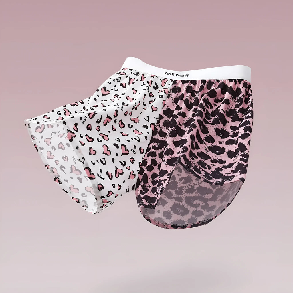 Men's leopard print woven boxer briefs in Ice Silk polyester fabric for quick-drying sports wear