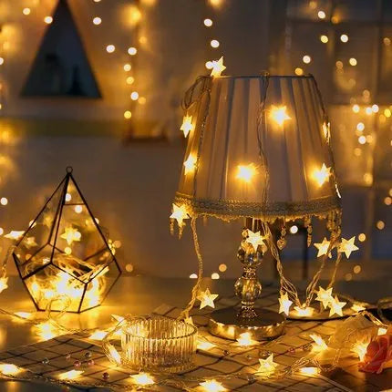 LED five-pointed star string lights with copper wire in warm white colour