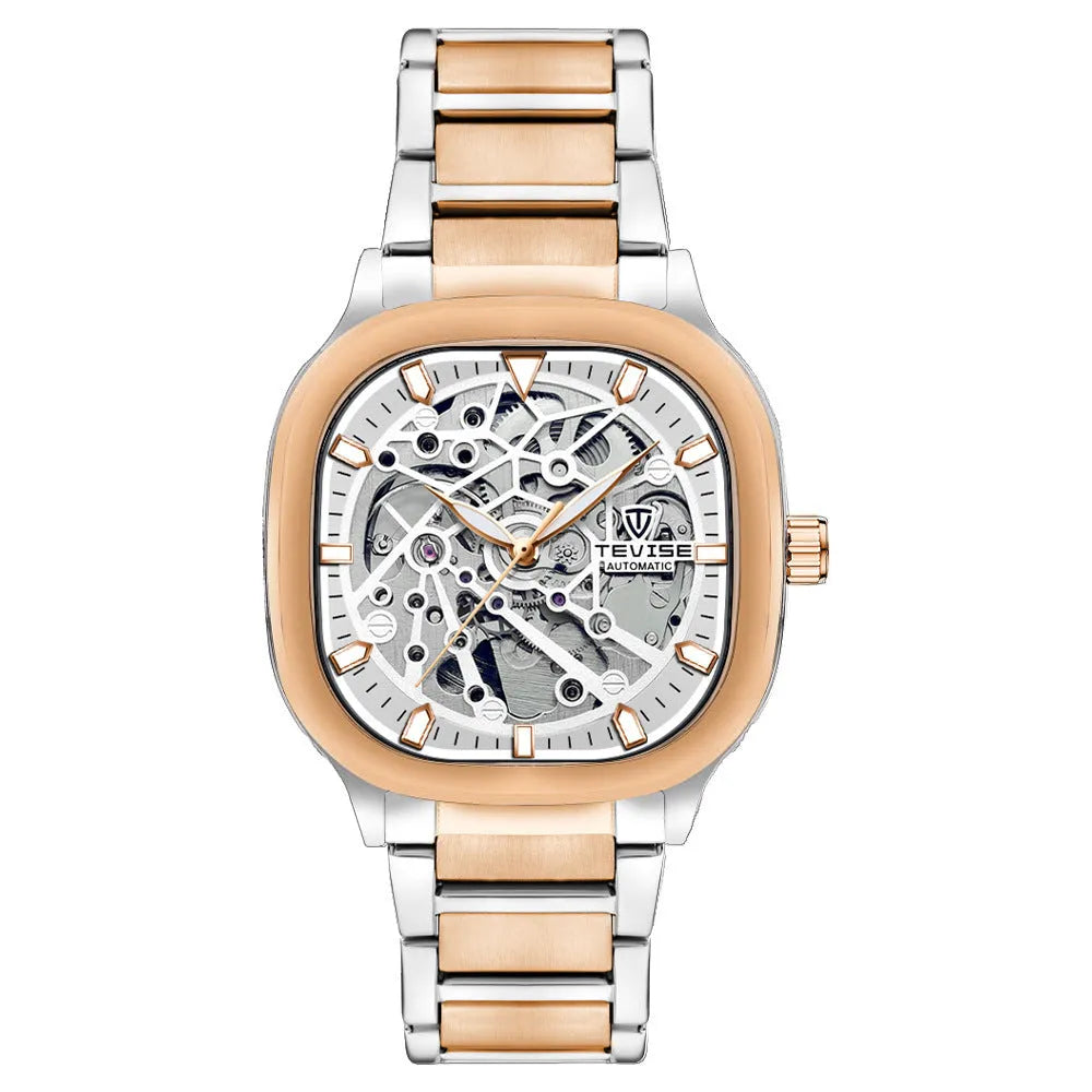 Men's square automatic waterproof watch with luminous dial on a stainless steel strap.