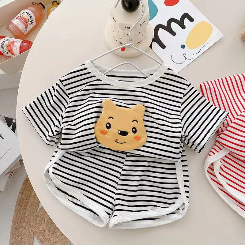 Summer loose children pajamas set in black stripes with Ice Silk fabric and cartoon pattern