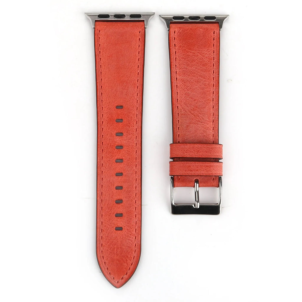 Blue leather watch strap with a silver folding buckle on a 42mm width watch case.