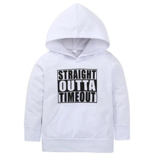 Children's black hooded sweater with white letter print design, showing pullover style and long sleeves