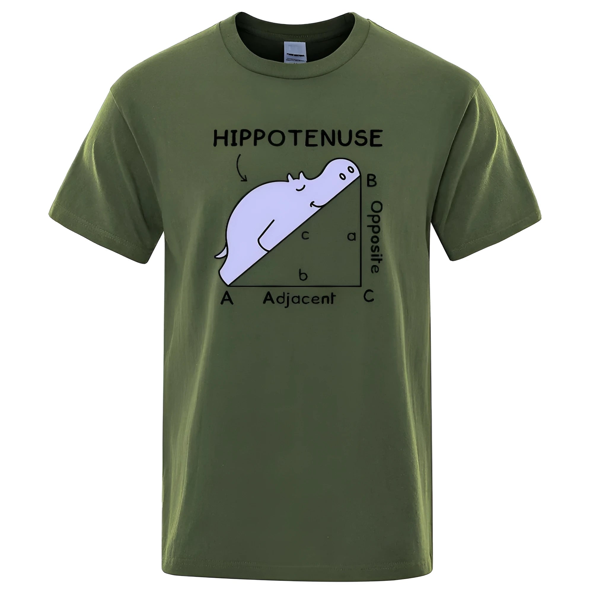 Loose fit cotton t-shirt with white hippotenuse opposite adjacent math joke print on army green fabric
