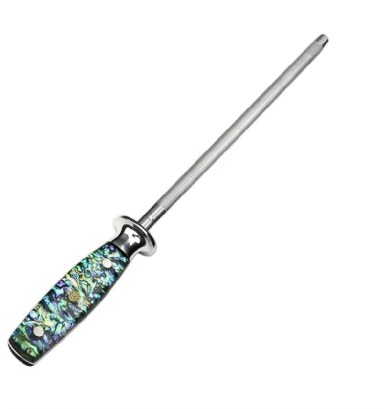 High carbon steel manual knife sharpener with an abalone shell handle.