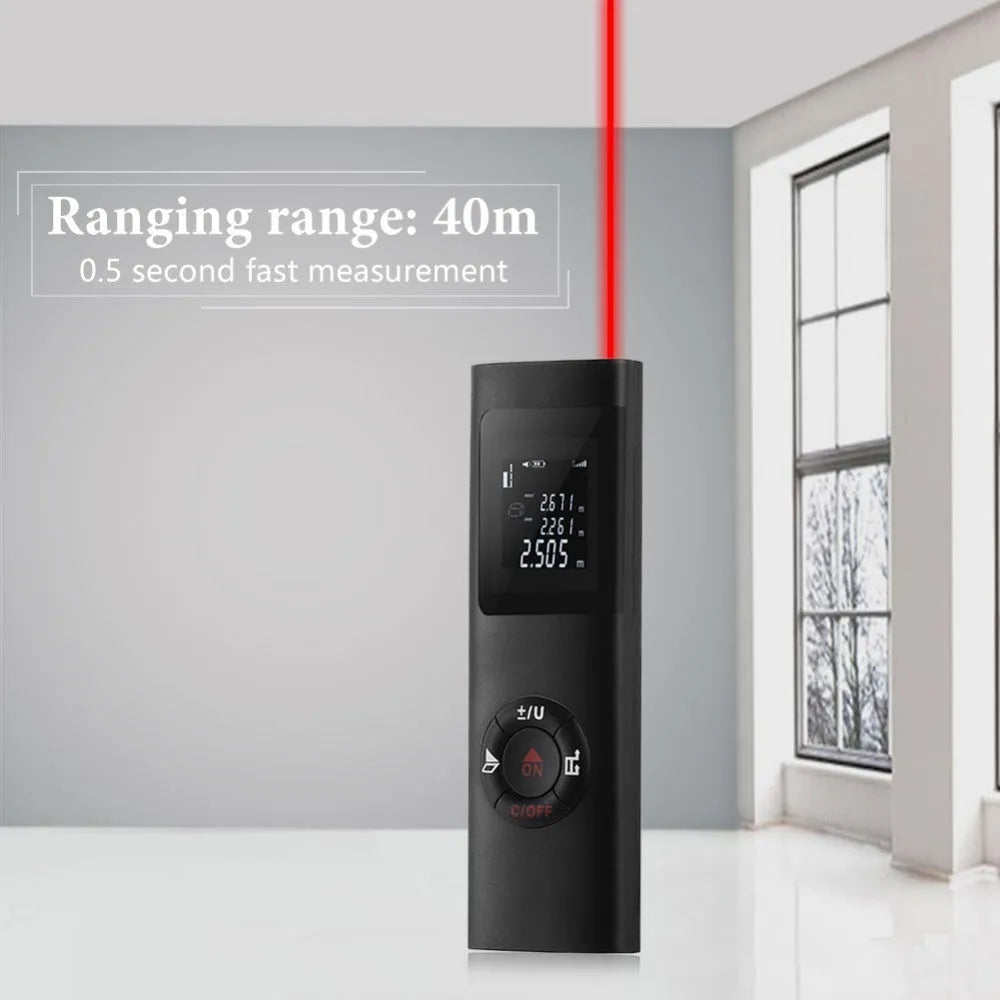 Mini laser range finder 40m with backlit LCD display and black ABS enclosure