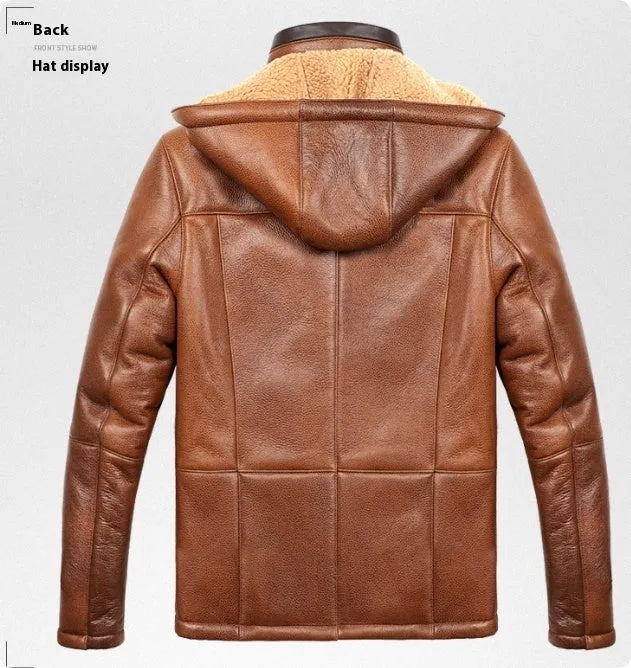 Winter hooded cropped sheepskin jacket in Champagne with slim fit and multiple pockets on display